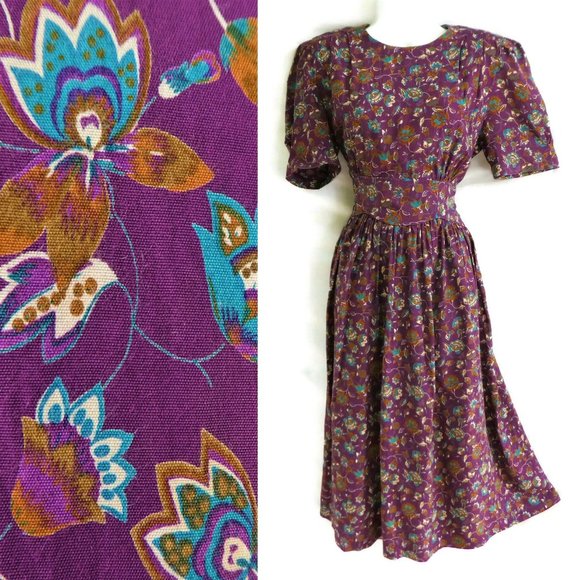 Vintage Dresses & Skirts - Karin Stevens Vintage Dress Midi Floral Fit Flare Zip Button Zipper Back